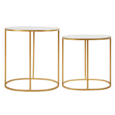 Set of 2 Mirrored Glass Oval Top Side Tables with Gold Finish Metal Frame, Avantis