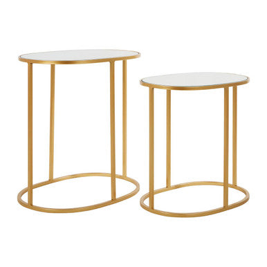 Set of 2 Mirrored Glass Oval Top Side Tables with Gold Finish Metal Frame, Avantis