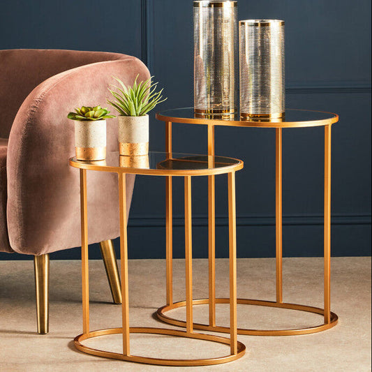 Set of 2 Mirrored Glass Oval Top Side Tables with Gold Finish Metal Frame, Avantis