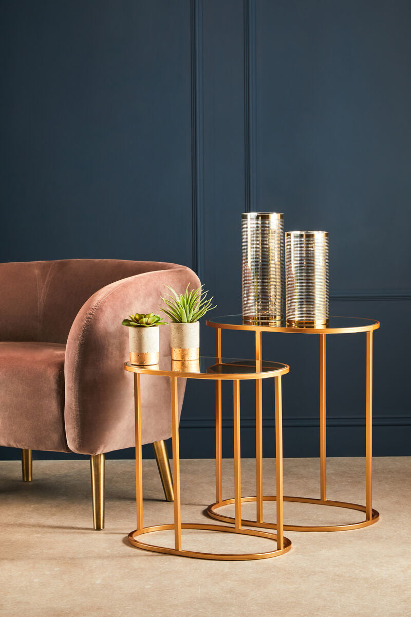 Set of 2 Mirrored Glass Oval Top Side Tables with Gold Finish Metal Frame, Avantis