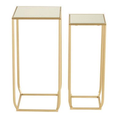 Set of 2 Mirrored Glass Top Square Side Tables with Gold Champagne Finish Metal Frame, Avantis