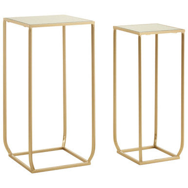 Set of 2 Mirrored Glass Top Square Side Tables with Gold Champagne Finish Metal Frame, Avantis