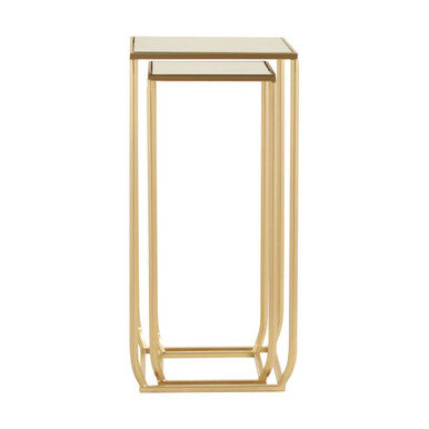 Set of 2 Mirrored Glass Top Square Side Tables with Gold Champagne Finish Metal Frame, Avantis