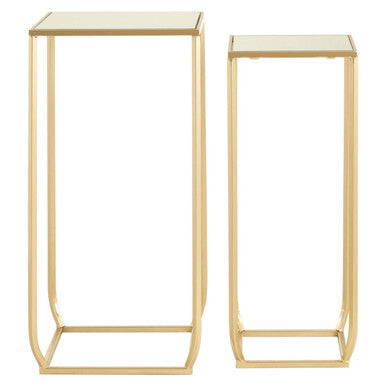 Set of 2 Mirrored Glass Top Square Side Tables with Gold Champagne Finish Metal Frame, Avantis