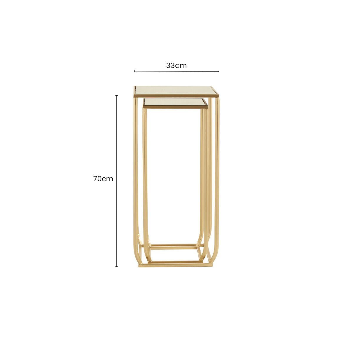 Set of 2 Mirrored Glass Top Square Side Tables with Gold Champagne Finish Metal Frame, Avantis