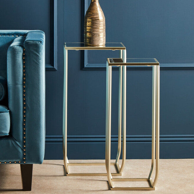 Set of 2 Mirrored Glass Top Square Side Tables with Gold Champagne Finish Metal Frame, Avantis