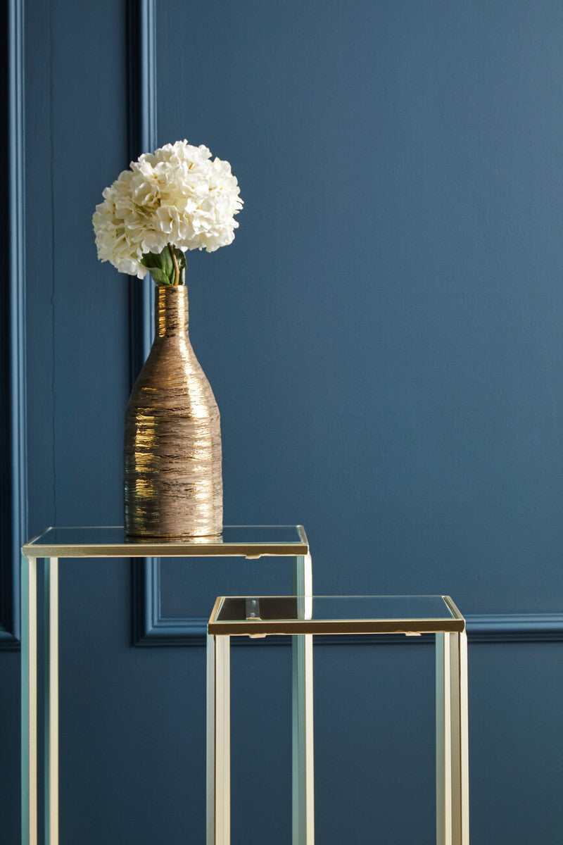 Set of 2 Mirrored Glass Top Square Side Tables with Gold Champagne Finish Metal Frame, Avantis