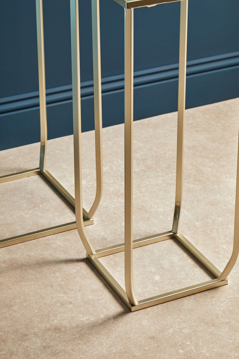 Set of 2 Mirrored Glass Top Square Side Tables with Gold Champagne Finish Metal Frame, Avantis