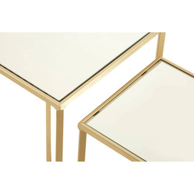 Set of 2 Mirrored Glass Top Square Side Tables with Gold Champagne Finish Metal Frame, Avantis