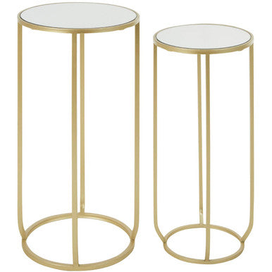 Set of 2 Mirrored Glass Top Side Tables with Gold Tall Metallic Legs Frame, Avantis