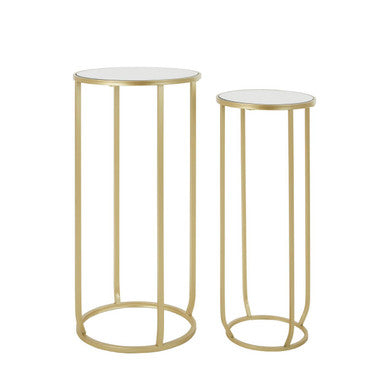 Set of 2 Mirrored Glass Top Side Tables with Gold Tall Metallic Legs Frame, Avantis