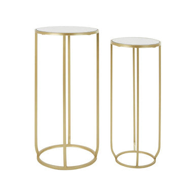 Set of 2 Mirrored Glass Top Side Tables with Gold Tall Metallic Legs Frame, Avantis