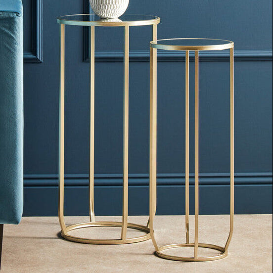 Set of 2 Mirrored Glass Top Side Tables with Gold Tall Metallic Legs Frame, Avantis