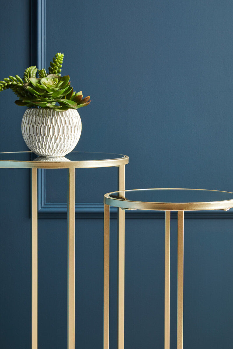 Set of 2 Mirrored Glass Top Side Tables with Gold Tall Metallic Legs Frame, Avantis