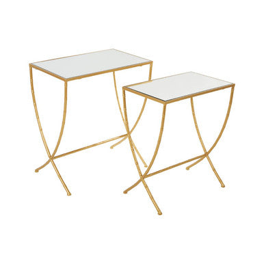 Set of 2 Mirrored Glass Top Rectangular Side Tables with Gold Metal Frame, Avantis