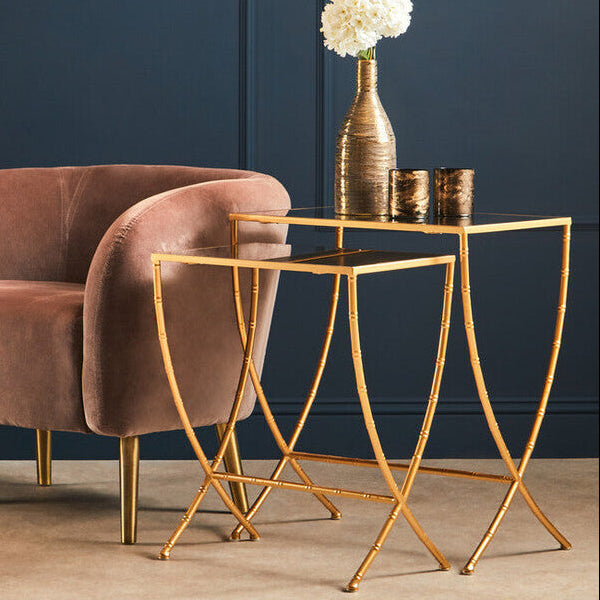 Set of 2 Mirrored Glass Top Rectangular Side Tables with Gold Metal Frame, Avantis
