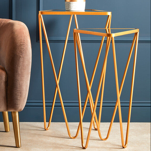 Set of 2 Mirrored Glass Triangle Top Side Tables with Gold Hairpin Legs, Avantis