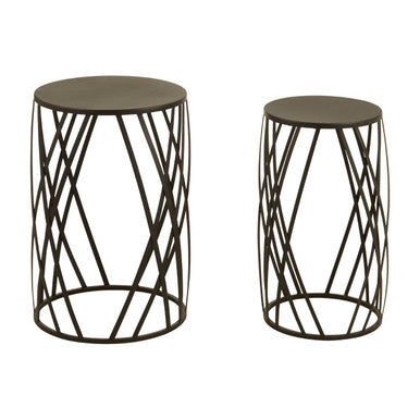 Set of 2 Grey Iron Round Side Tables with Black Metal Frame, Avantis