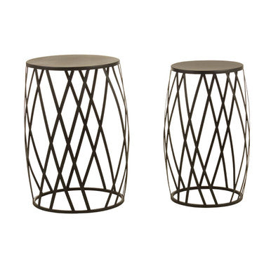 Set of 2 Grey Iron Round Side Tables with Black Metal Frame, Avantis