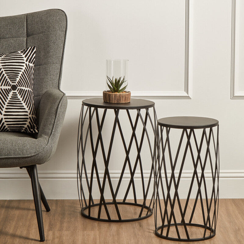 Set of 2 Grey Iron Round Side Tables with Black Metal Frame, Avantis
