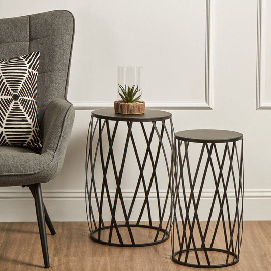 Set of 2 Grey Iron Round Side Tables with Black Metal Frame, Avantis