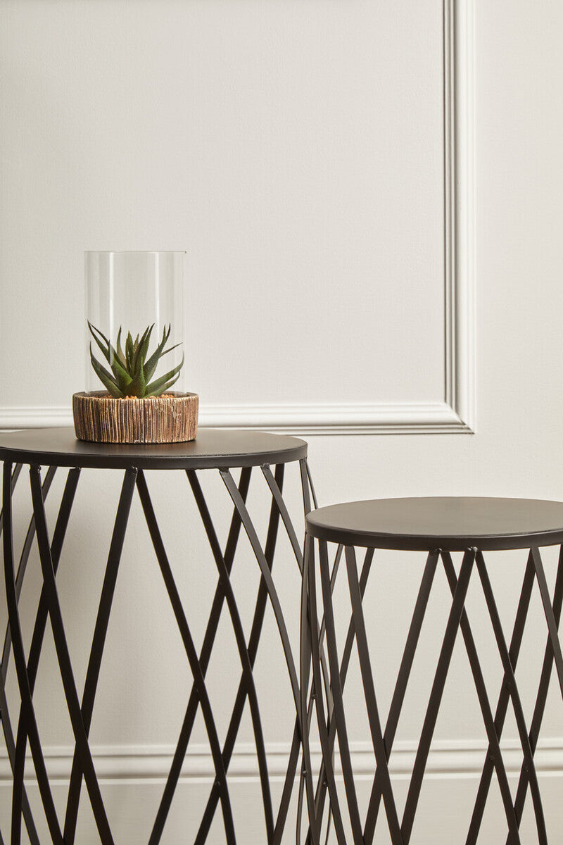 Set of 2 Grey Iron Round Side Tables with Black Metal Frame, Avantis