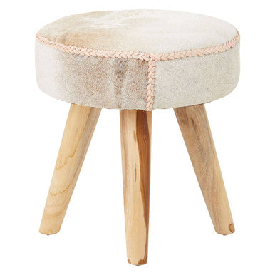 Kendari Natural Hair on Leather and Teak Wood Round Stool