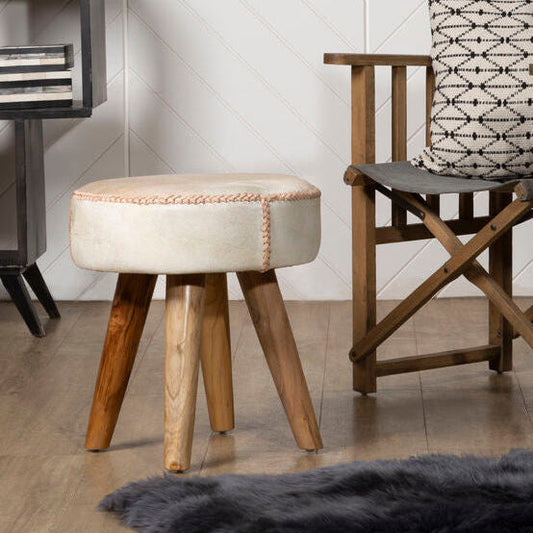 Kendari Hair on Leather and Teak Stool
