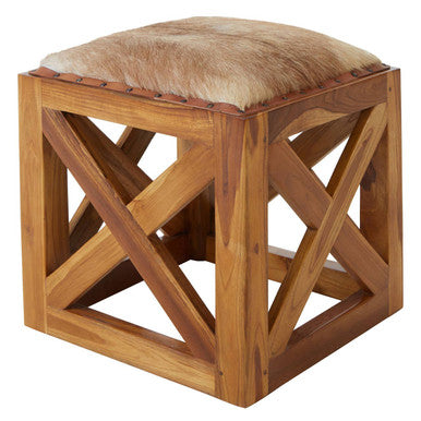 Kendari Hair on Leather and Teak Wood Square Stool