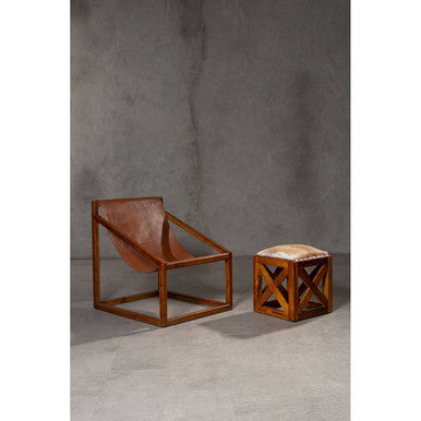 Kendari Hair on Leather and Teak Wood Square Stool