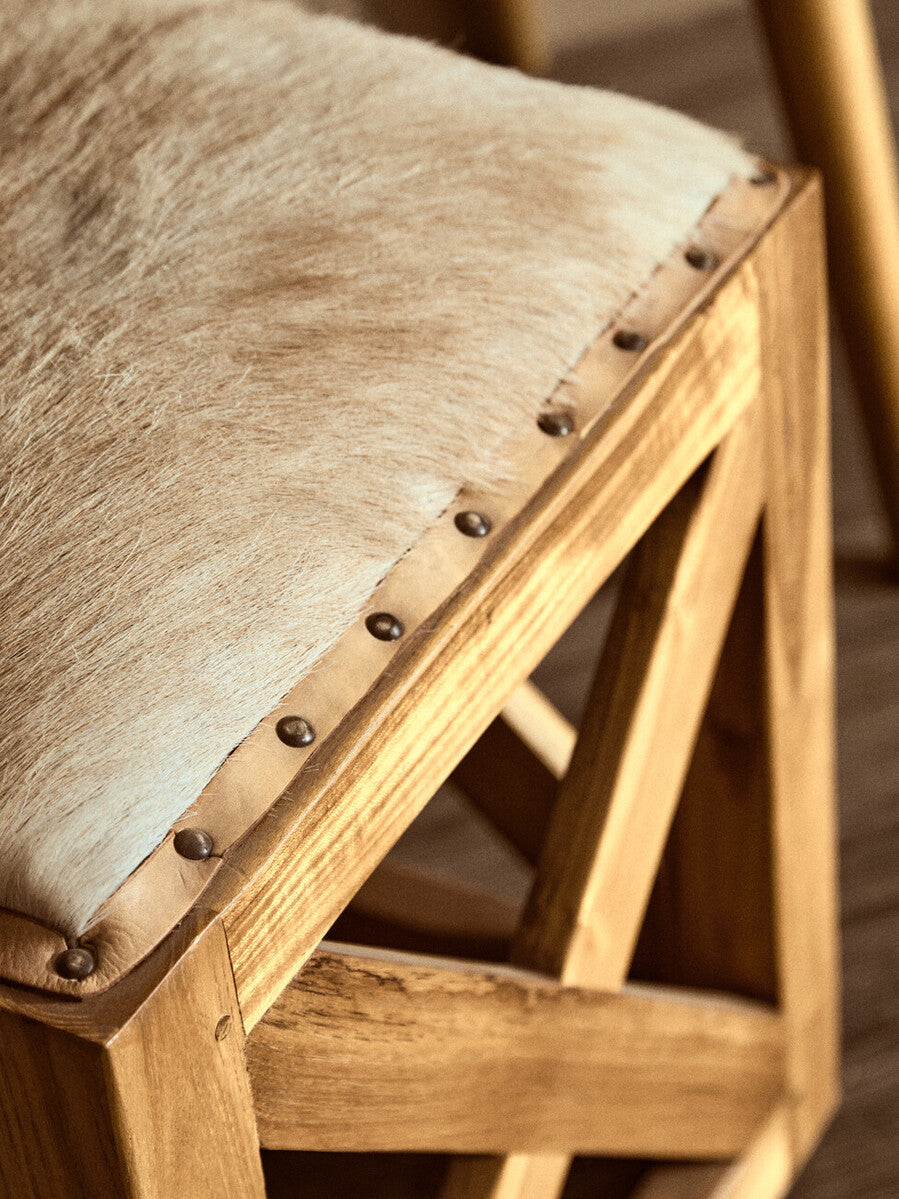 Kendari Hair on Leather and Teak Wood Square Stool