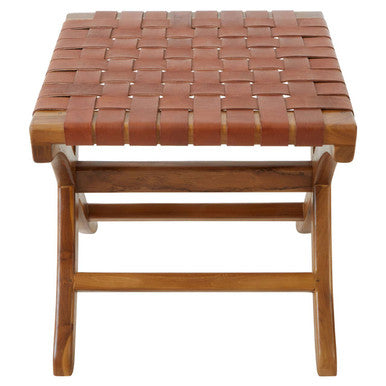 Kendari Brown Woven Leather and Teak Wood Stool