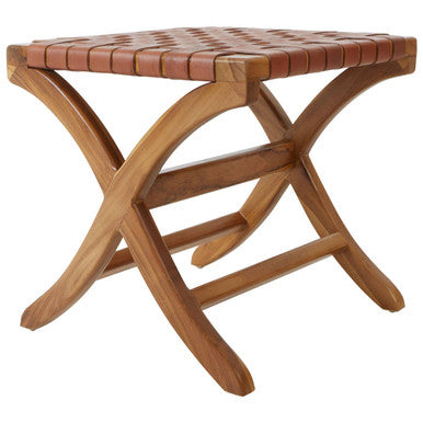 Kendari Brown Woven Leather and Teak Wood Stool
