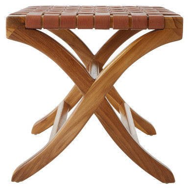 Kendari Brown Woven Leather and Teak Wood Stool