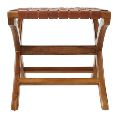 Kendari Brown Woven Leather and Teak Wood Stool