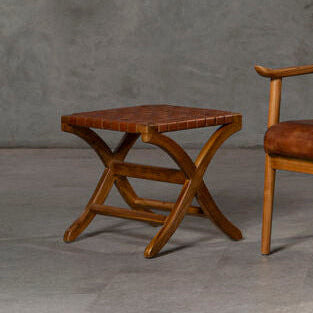 Kendari Brown Woven Leather and Teak Wood Stool
