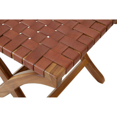 Kendari Brown Woven Leather and Teak Wood Stool
