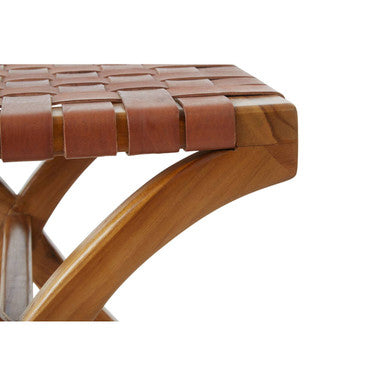 Kendari Brown Woven Leather and Teak Wood Stool