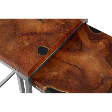 Set of 3 Black and Natural Teak Wood Nesting Tables with Silver Metal Frame, Surak