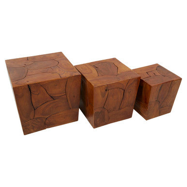 Set of 3 Brown Solid Teak Wood Side Tables and Stools, Surak