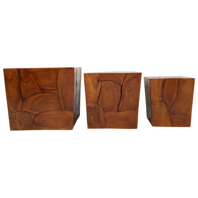 Set of 3 Brown Solid Teak Wood Side Tables and Stools, Surak