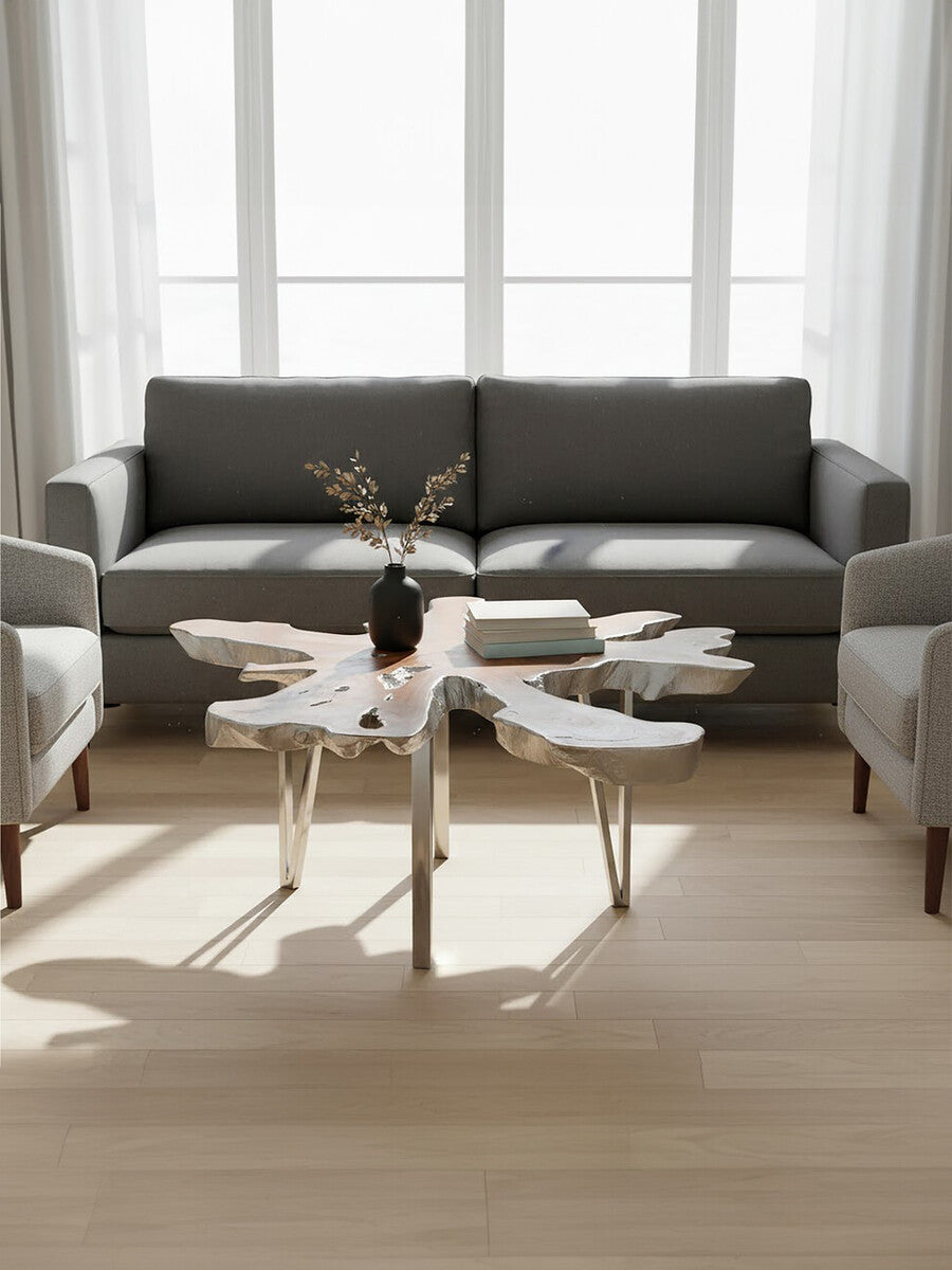 Silver Teak Wood Star Top Coffee Table with Steel Legs, Surak