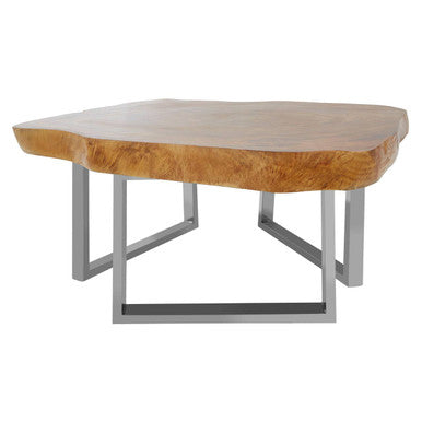 Natural Teak Wood Coffee Table with Silver Steel Frame, Surak