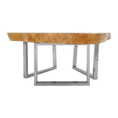 Natural Teak Wood Coffee Table with Silver Steel Frame, Surak