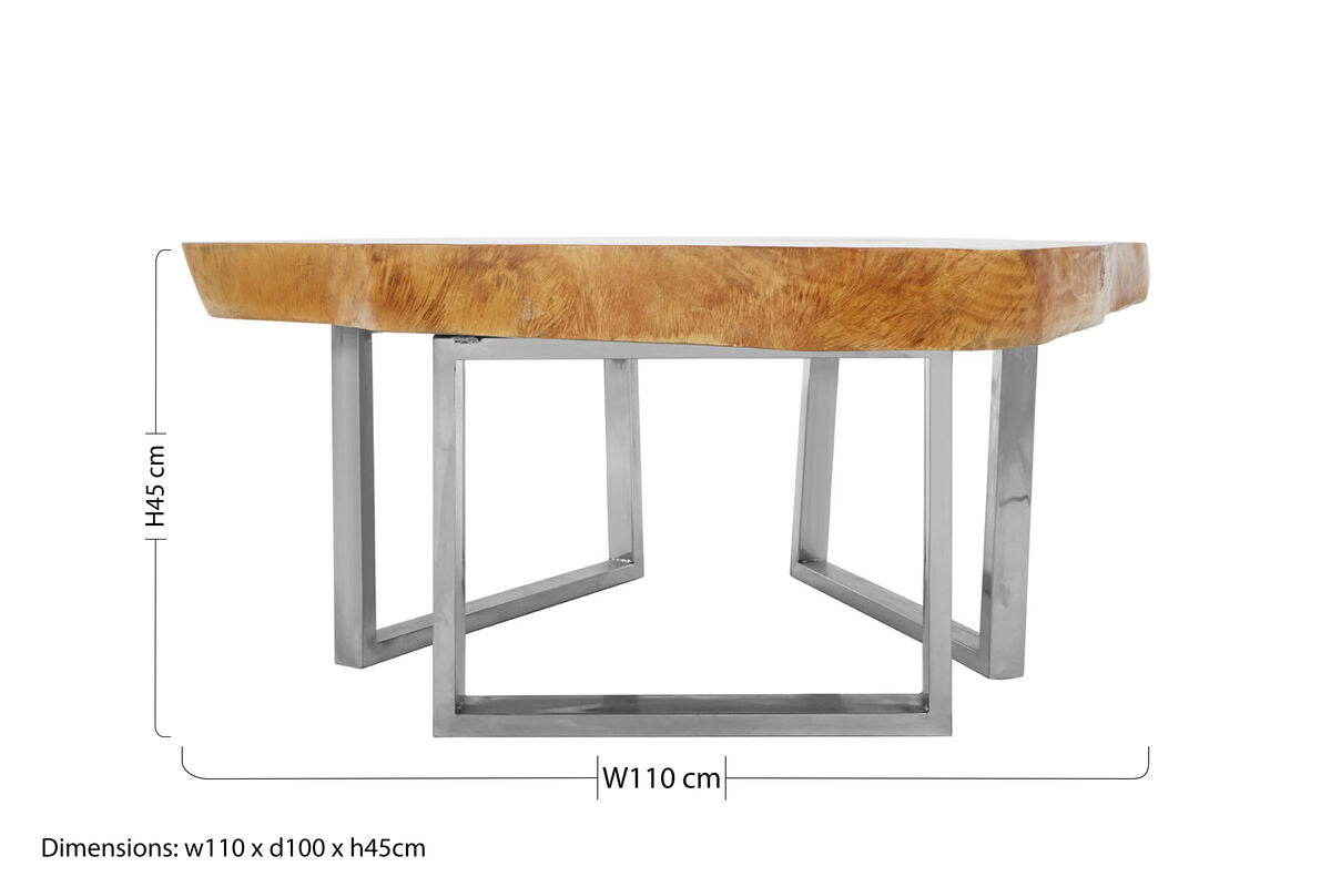 Natural Teak Wood Coffee Table with Silver Steel Frame, Surak