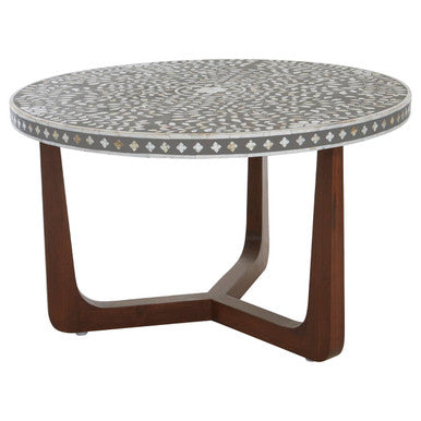 Black and White Mother of Pearl Design Top Round Coffee Table with Wood Base, Fusion