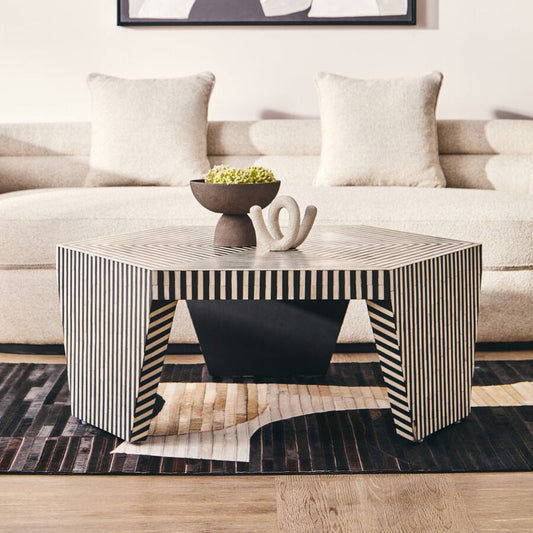 Black and White Striped Bone Inlay Hexagon Coffee Table | Fusion