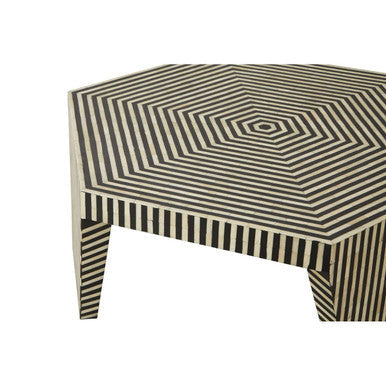 Black and White Striped Bone Inlay Hexagon Coffee Table, Fusion
