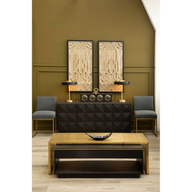 Black Oak Veneer 1-Drawer Coffee Table with Gold Finish Trim and Lower Storage Shelf, Diamond