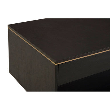 Black Oak Veneer 1-Drawer Coffee Table with Gold Finish Trim and Lower Storage Shelf, Diamond